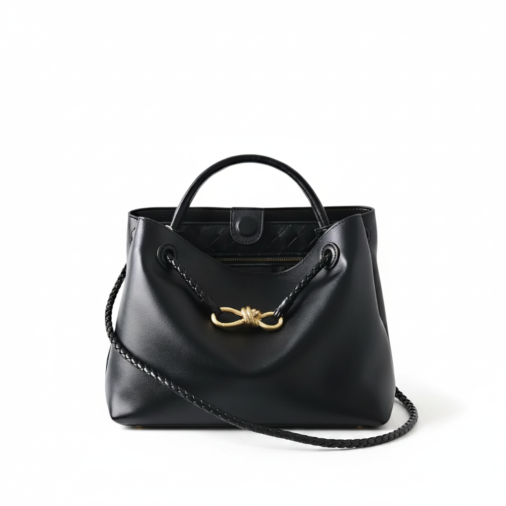 Leather Handbag with Metal Drawstring – Woven Detail Tote