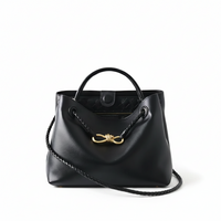 Leather Handbag with Metal Drawstring – Woven Detail Tote