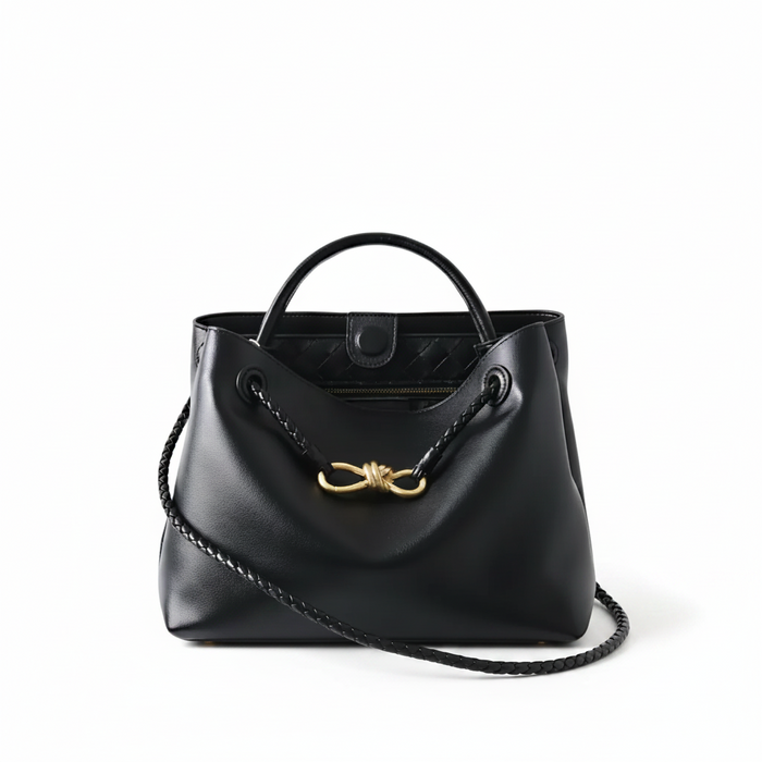 Leather Handbag with Metal Drawstring – Woven Detail Tote