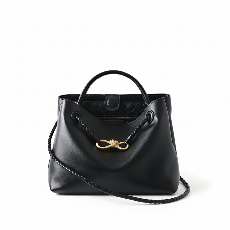 Leather Handbag with Metal Drawstring – Woven Detail Tote