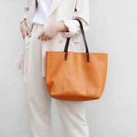 Large Cowhide Tote Bag – Colorblock Leather Shoulder Bag