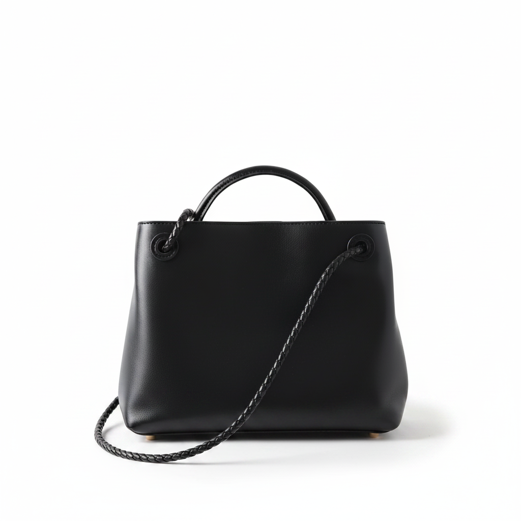 Leather Handbag with Metal Drawstring – Woven Detail Tote