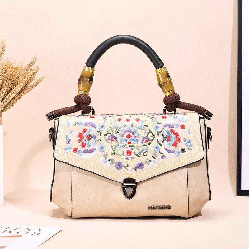 Embroidered Vintage Leather Handbag – Handheld Top-Handle Bag