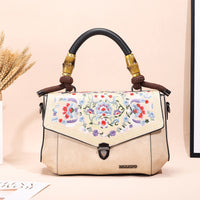 Embroidered Vintage Leather Handbag – Handheld Top-Handle Bag