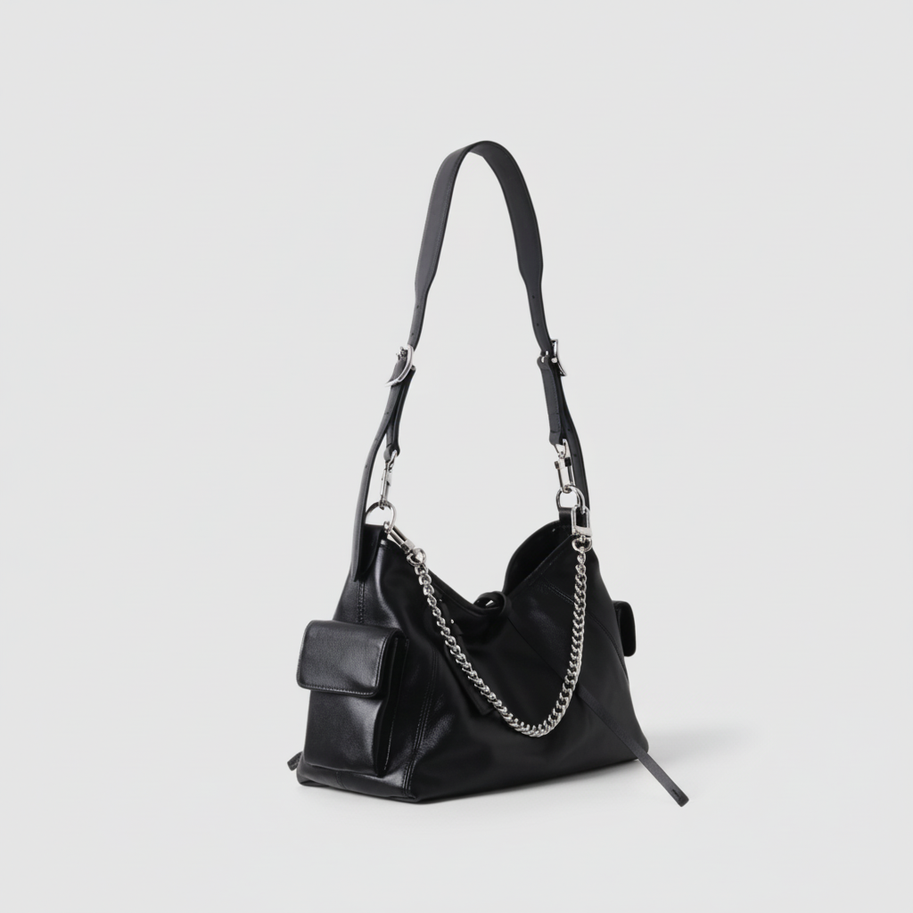 Black Leather Moto Tote – Shoulder & Chain Bag