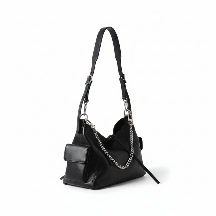 Black Leather Moto Tote – Shoulder & Chain Bag
