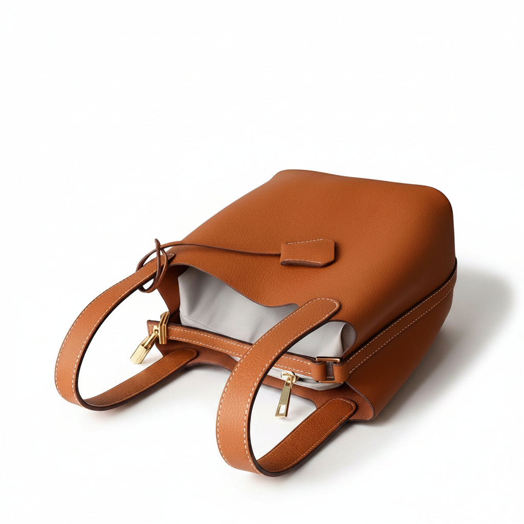 Pebbled Leather Bucket Bag – Soft Cowhide Mini Handbag