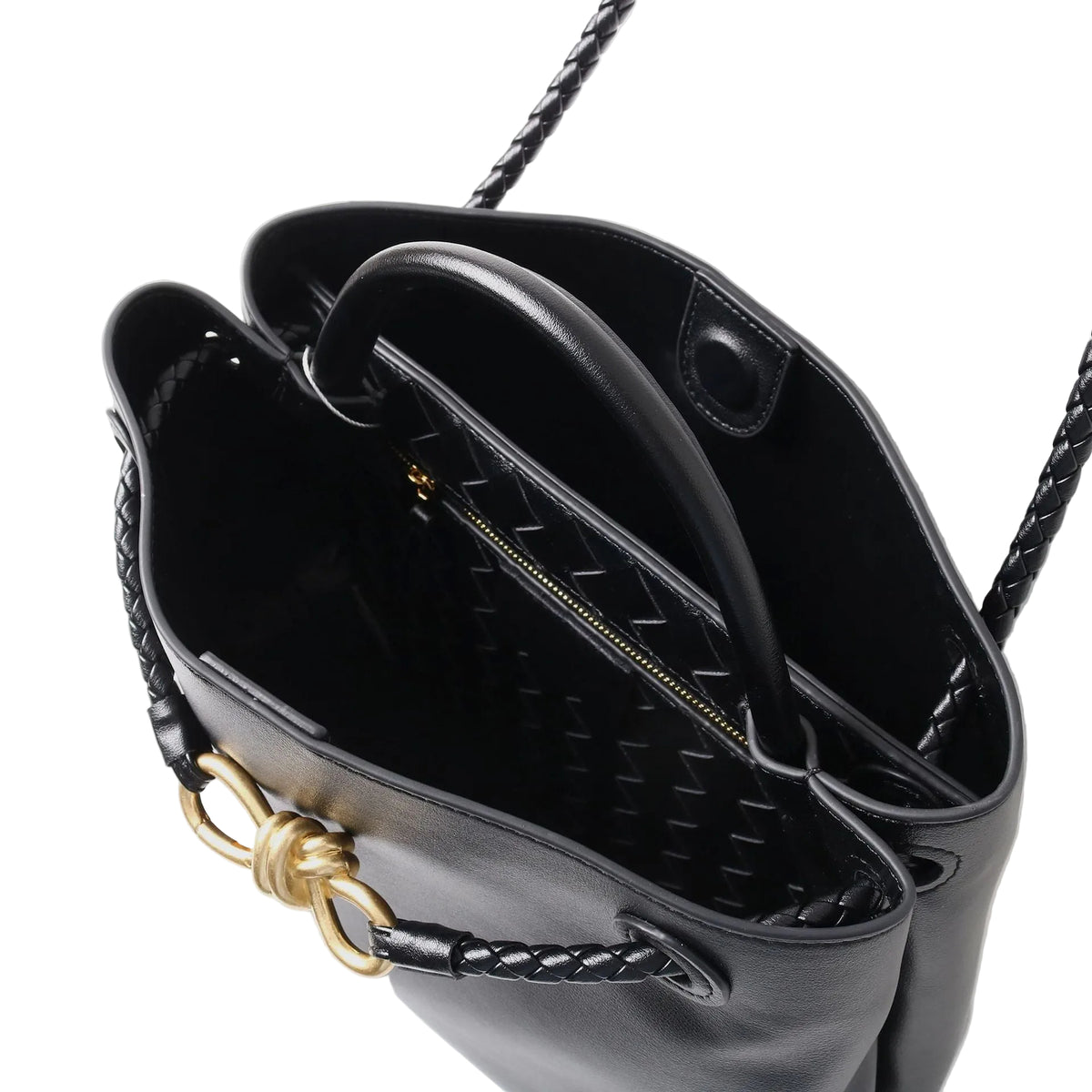 Leather Handbag with Metal Drawstring – Woven Detail Tote
