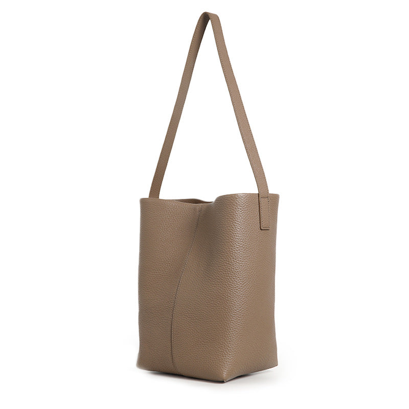 Women’s Genuine Leather Bucket Tote – Togo Cowhide Shoulder Bag