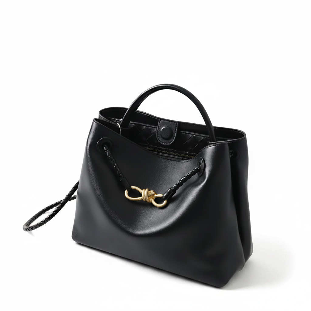 Leather Handbag with Metal Drawstring – Woven Detail Tote