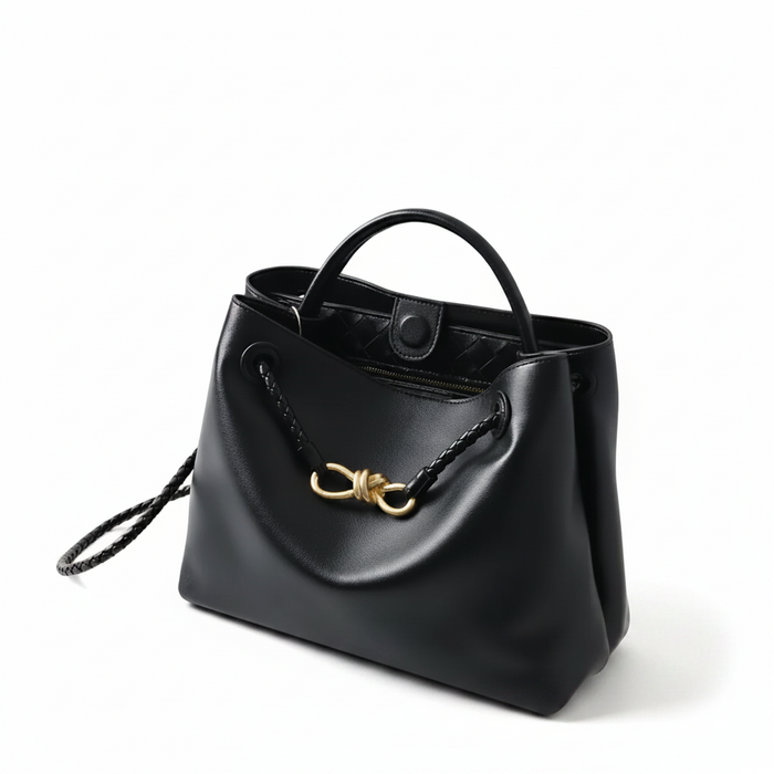 Leather Handbag with Metal Drawstring – Woven Detail Tote