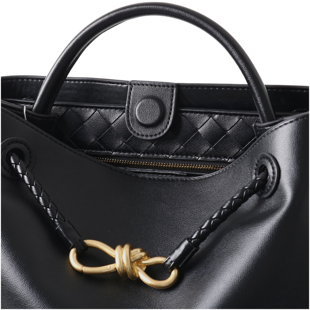 Leather Handbag with Metal Drawstring – Woven Detail Tote