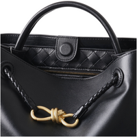 Leather Handbag with Metal Drawstring – Woven Detail Tote