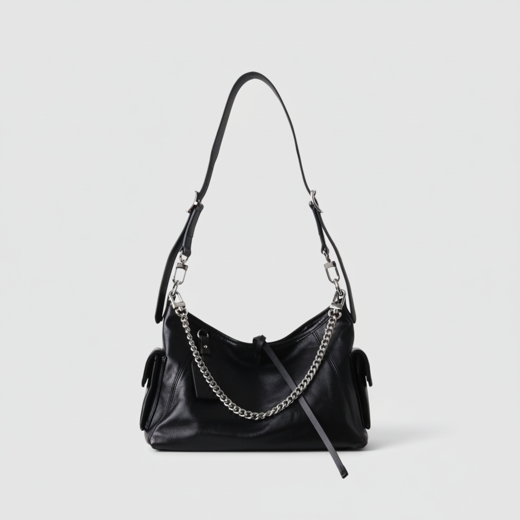 Black Leather Moto Tote – Shoulder & Chain Bag