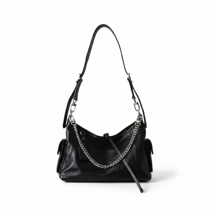 Black Leather Moto Tote – Shoulder & Chain Bag
