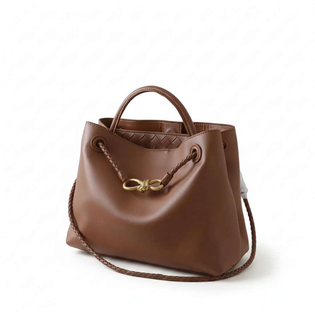 Leather Handbag with Metal Drawstring – Woven Detail Tote