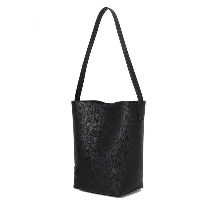 Women’s Genuine Leather Bucket Tote – Togo Cowhide Shoulder Bag