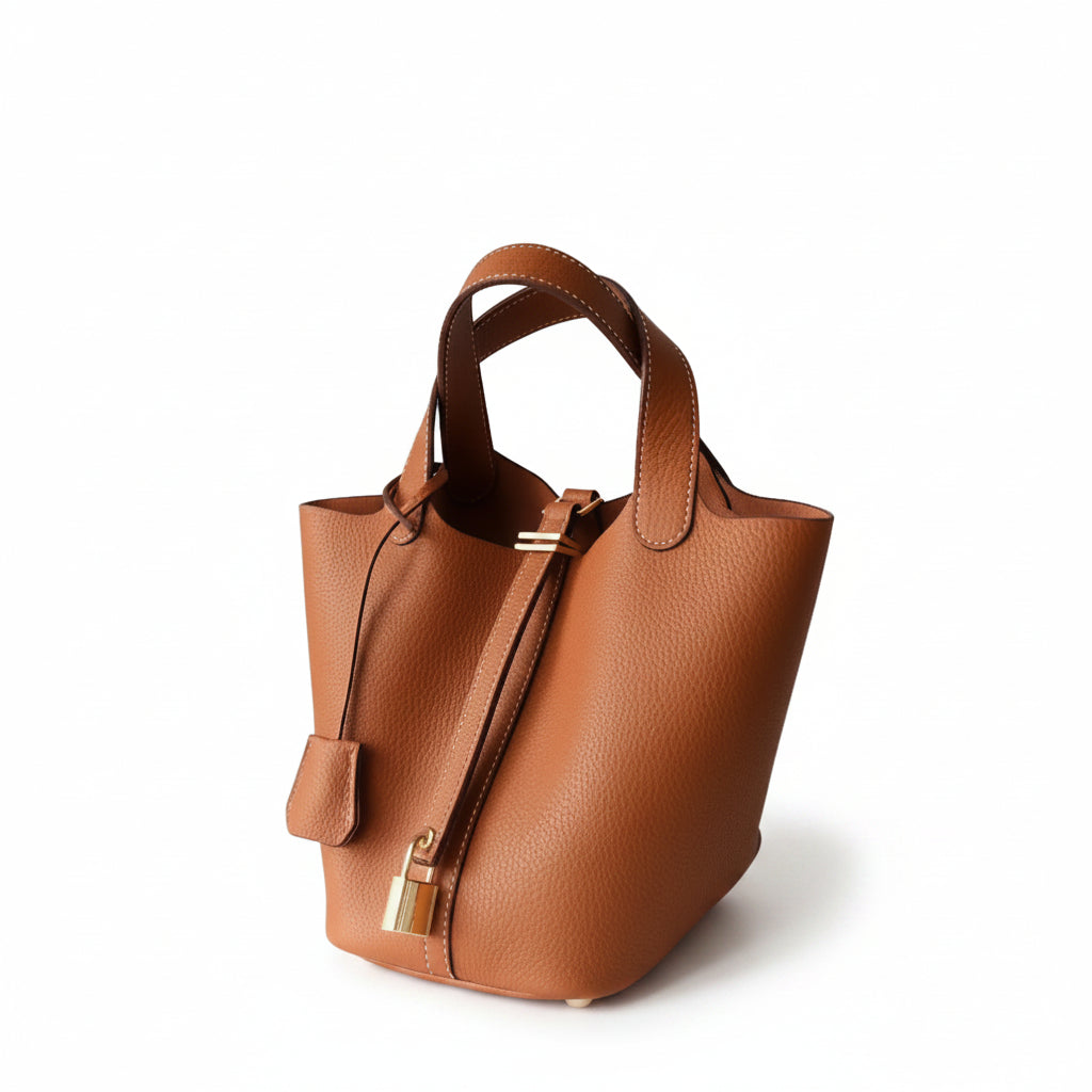 Pebbled Leather Bucket Bag – Soft Cowhide Mini Handbag