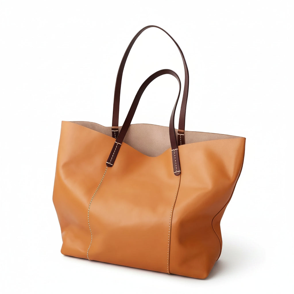 Large Cowhide Tote Bag – Colorblock Leather Shoulder Bag