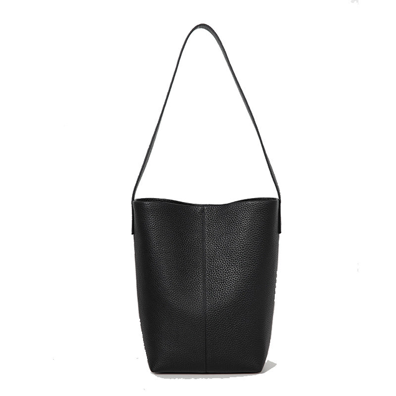 Women’s Genuine Leather Bucket Tote – Togo Cowhide Shoulder Bag