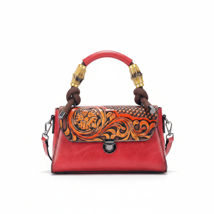 Vintage Floral Top Handle Leather Bag for Women