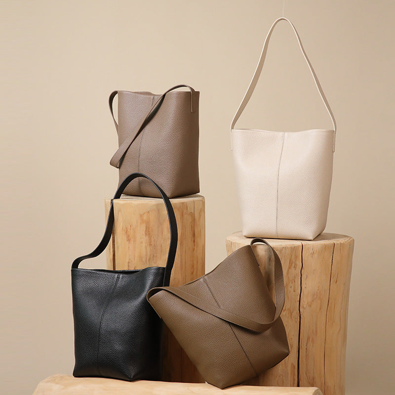 Women’s Genuine Leather Bucket Tote – Togo Cowhide Shoulder Bag