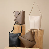 Women’s Genuine Leather Bucket Tote – Togo Cowhide Shoulder Bag