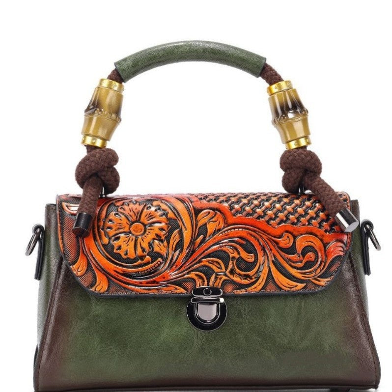 Vintage Floral Top Handle Leather Bag for Women