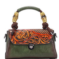 Vintage Floral Top Handle Leather Bag for Women