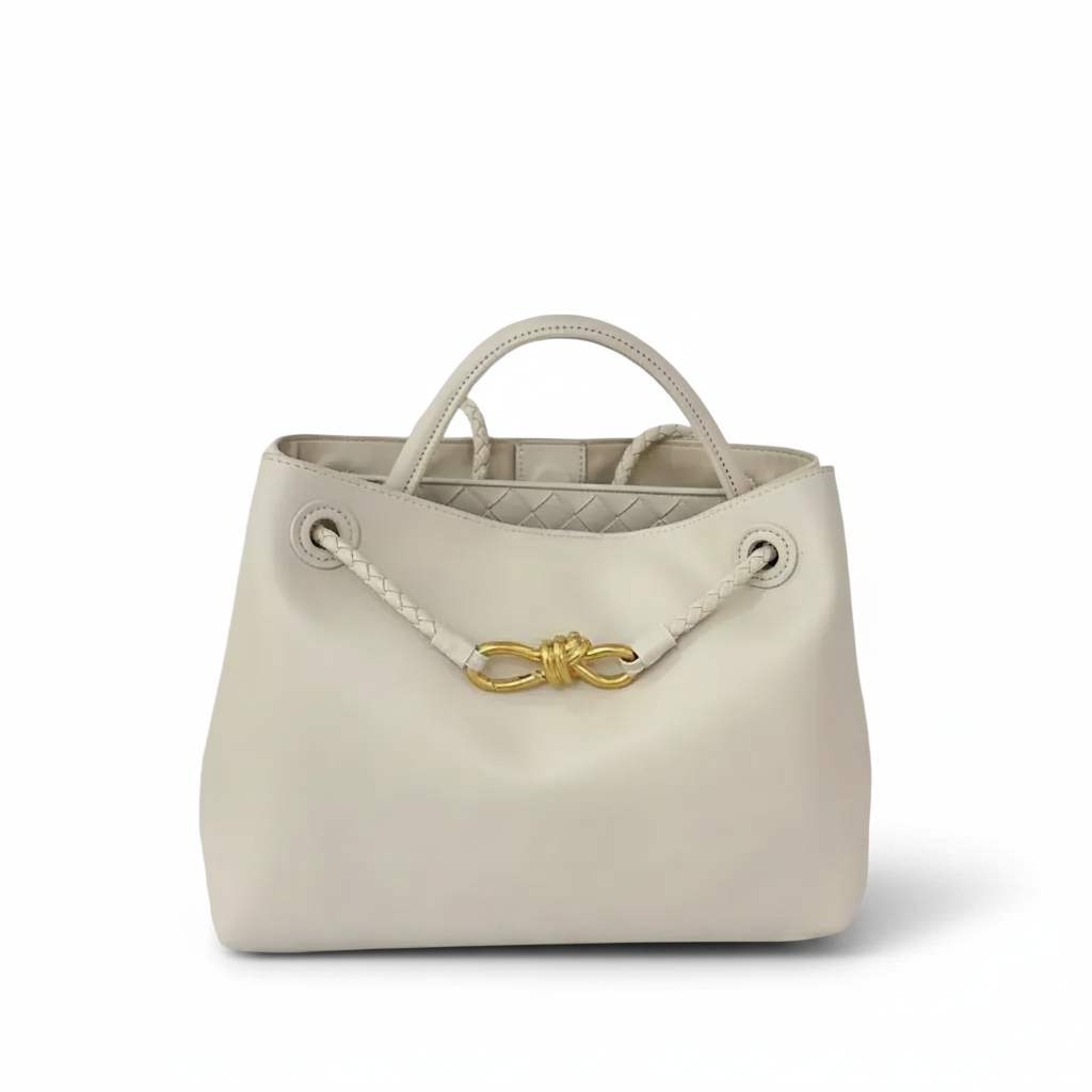 Leather Handbag with Metal Drawstring – Woven Detail Tote