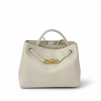 Leather Handbag with Metal Drawstring – Woven Detail Tote