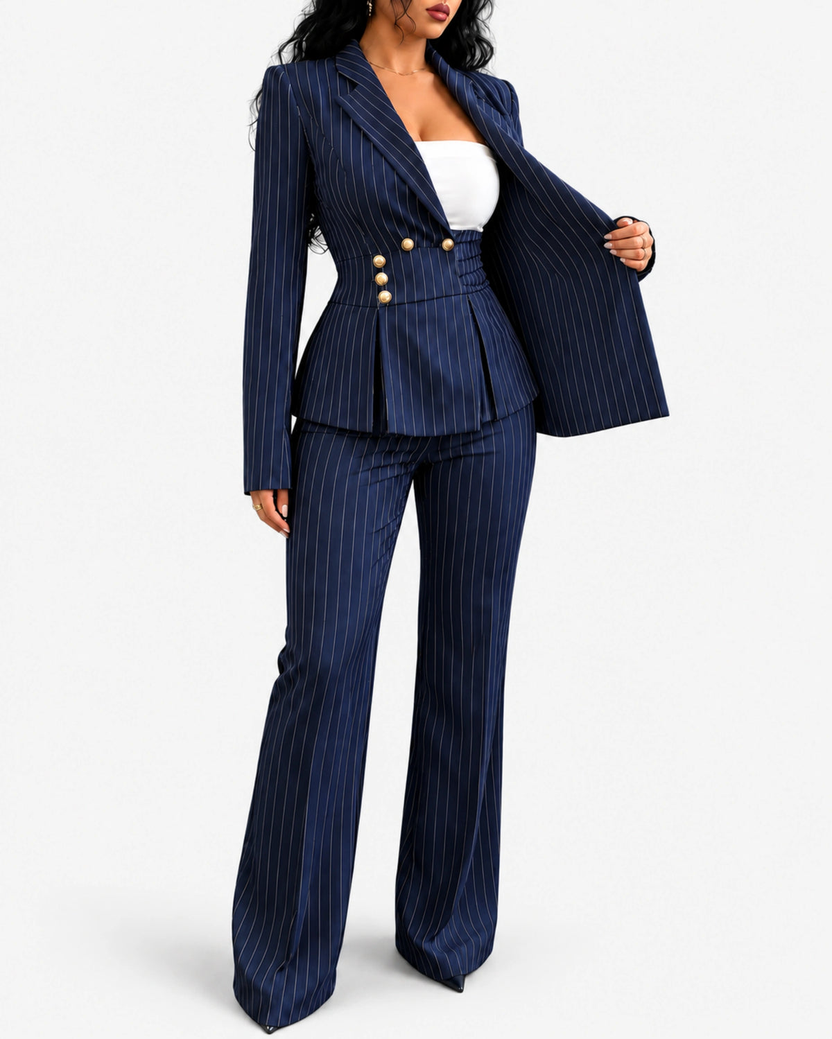 Women’s Pinstripe Blazer & Flared Pants Set