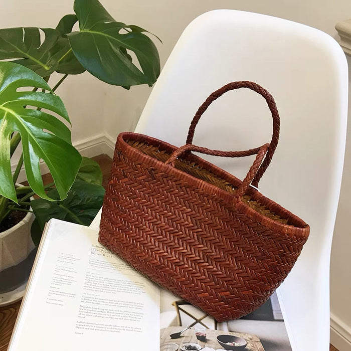 Woven Cowhide Leather Tote Bag for Women