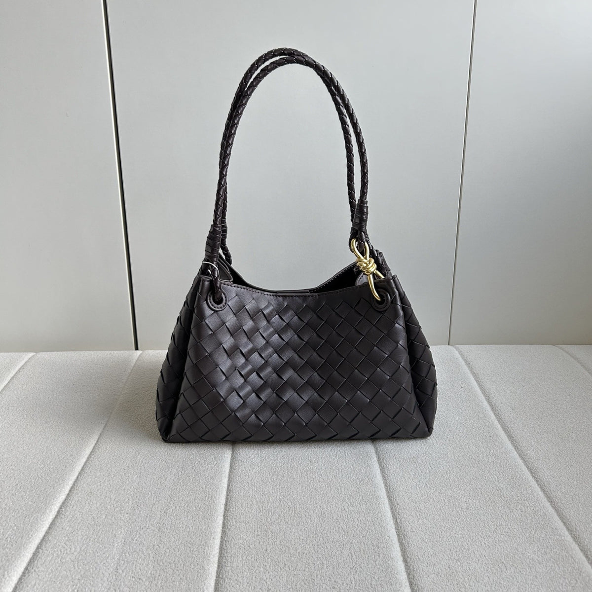 Women’s Woven Calfskin Tote – Leather Shoulder & Handbag with Metal Clasp