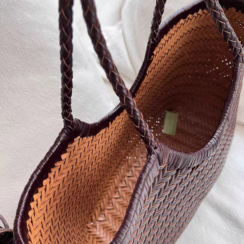 Woven Cowhide Leather Basket Bag – Shoulder & Handbag