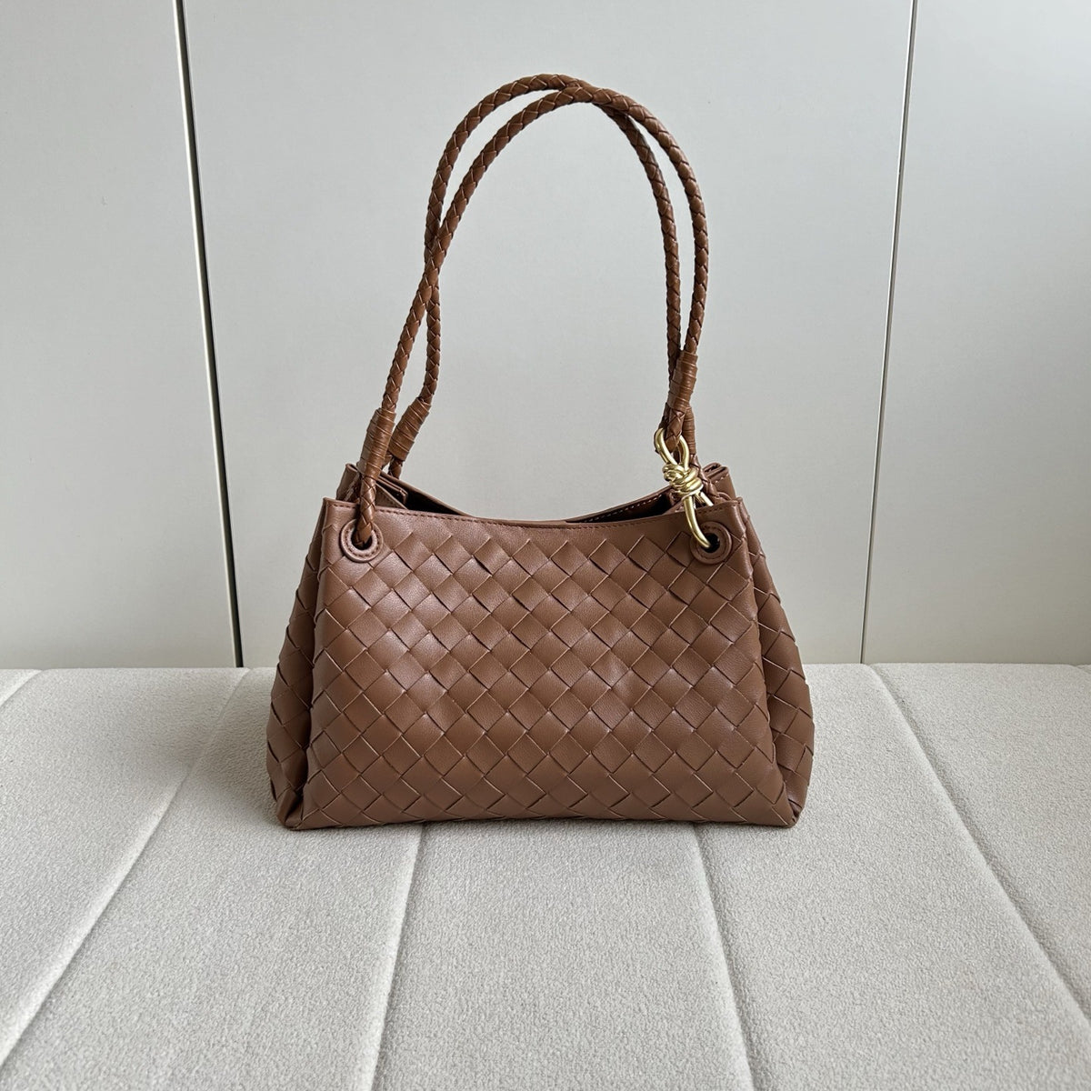 Women’s Woven Calfskin Tote – Leather Shoulder & Handbag with Metal Clasp