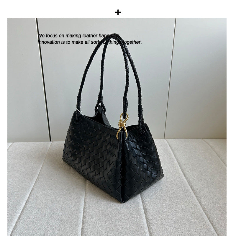 Women’s Woven Calfskin Tote – Leather Shoulder & Handbag with Metal Clasp
