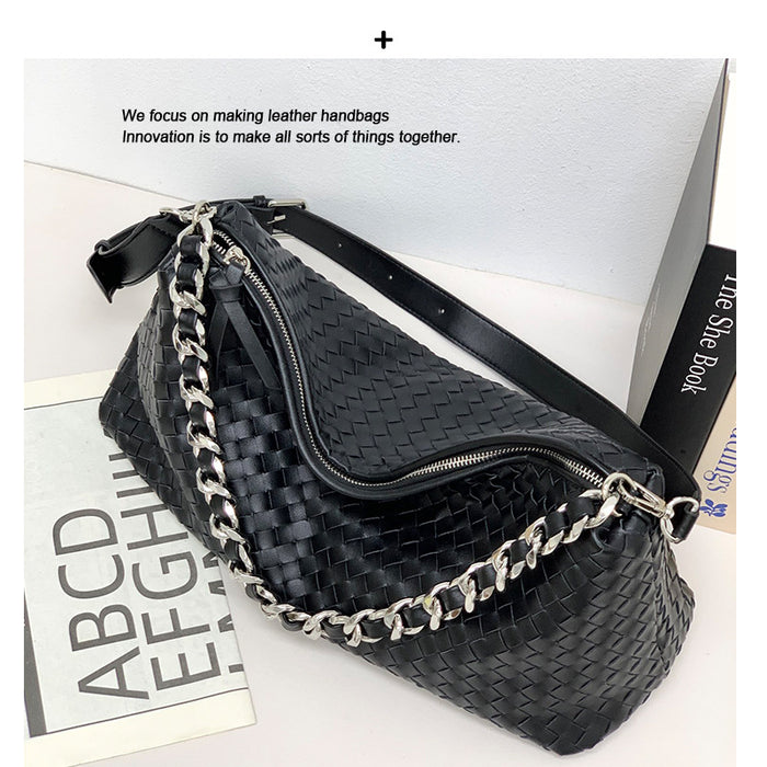 Woven Cowhide Leather Shoulder Bag – Large Capacity Tote