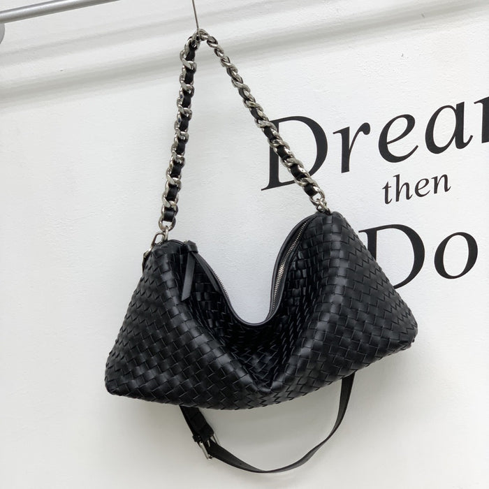 Woven Cowhide Leather Shoulder Bag – Large Capacity Tote