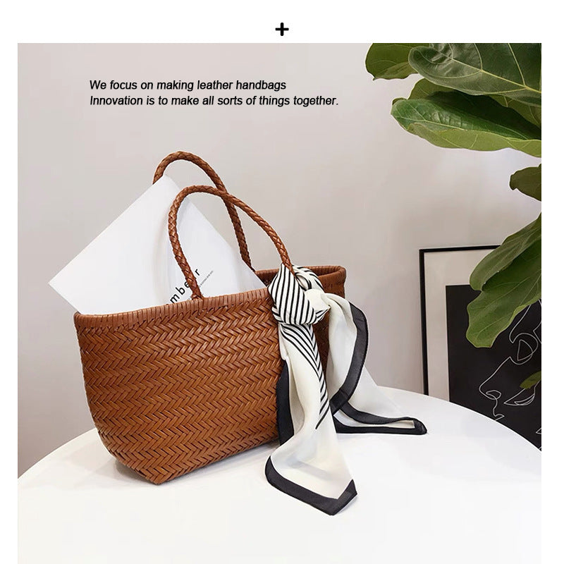 Woven Cowhide Leather Tote Bag for Women