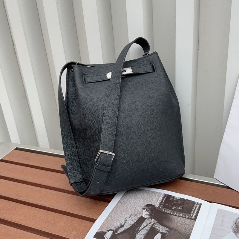 Women’s Top-Grain Leather Bucket Bag – Kelly Style Handbag & Crossbody