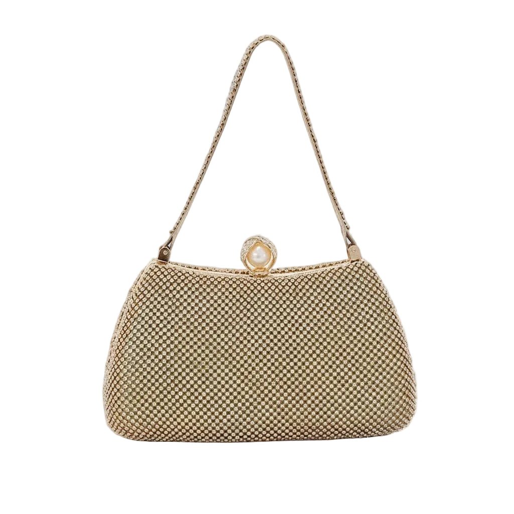BagHalo gold embellished evening handbag with pearl clasp and adjustable strap. Structured shape, perfect for formal events.