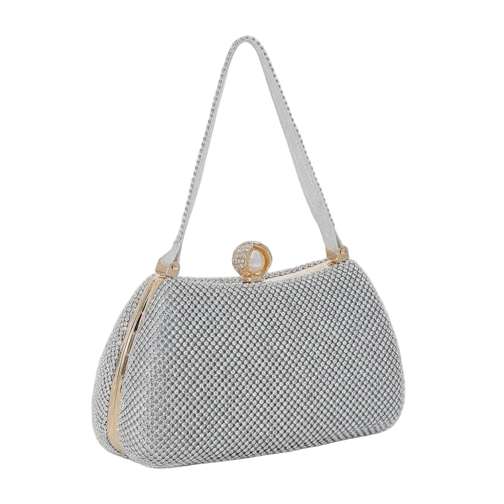 BagHalo silver embellished evening clutch with pearl and gold clasp, fabric and synthetic leather.