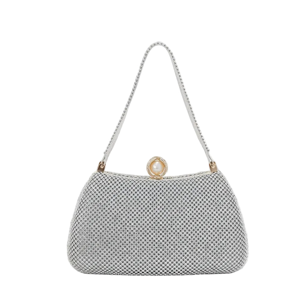 BagHalo elegant silver mesh evening handbag with pearl clasp and adjustable strap. Perfect for formal events.