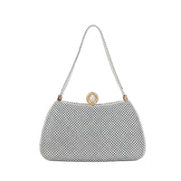 BagHalo elegant silver mesh evening handbag with pearl clasp and adjustable strap. Perfect for formal events.