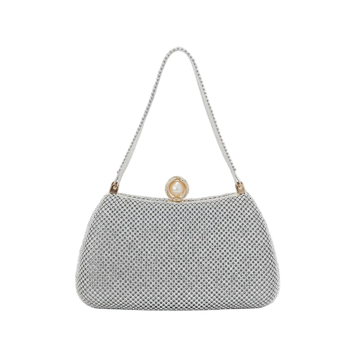 BagHalo elegant silver mesh evening handbag with pearl clasp and adjustable strap. Perfect for formal events.