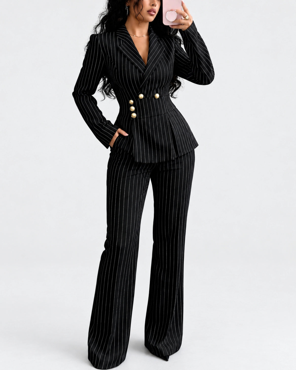 Women’s Pinstripe Blazer & Flared Pants Set
