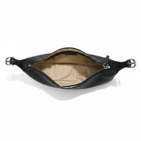 Black leather waist bag with gold zipper on a light gray background